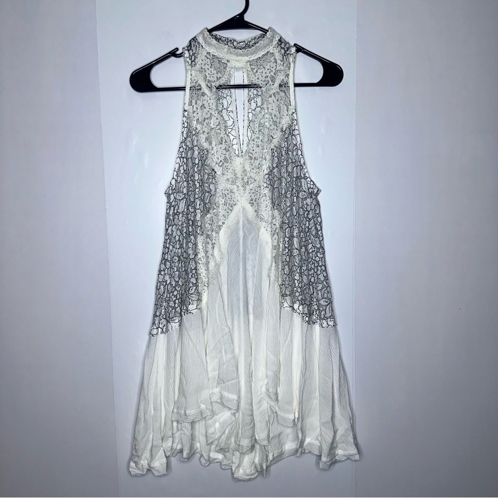 Free people white black lace high neck tunic sleeveless dress size XS